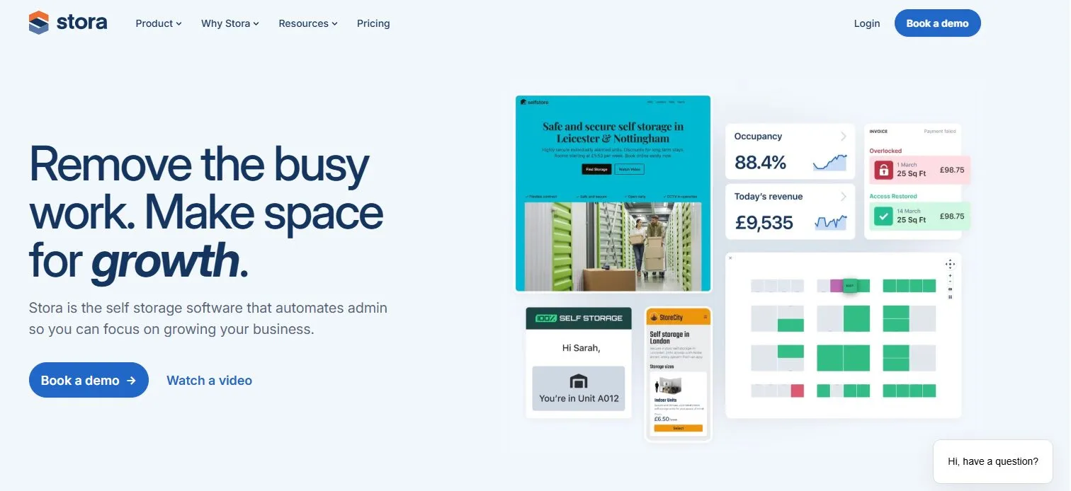The Stora website homepage showing occupancy and revenue dashboards