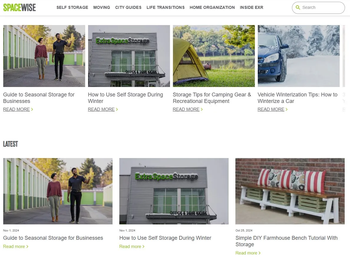 A storage brand's editorial hub showing guides on seasonal storage, winter storage and vehicle storage