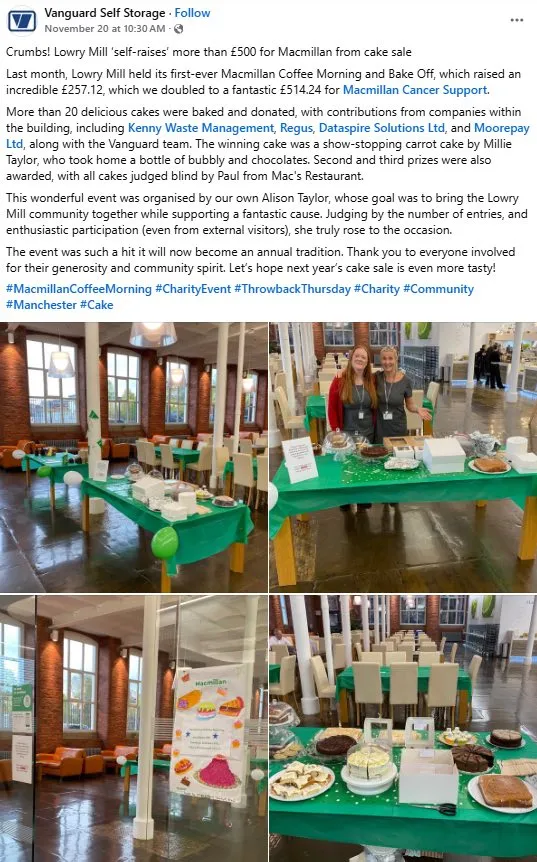 A social post from a storage operator about a charity coffee morning and bake sale held at the facility