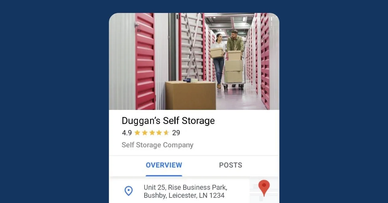 A Google Business Profile card for a self storage company showing rating, review count and address