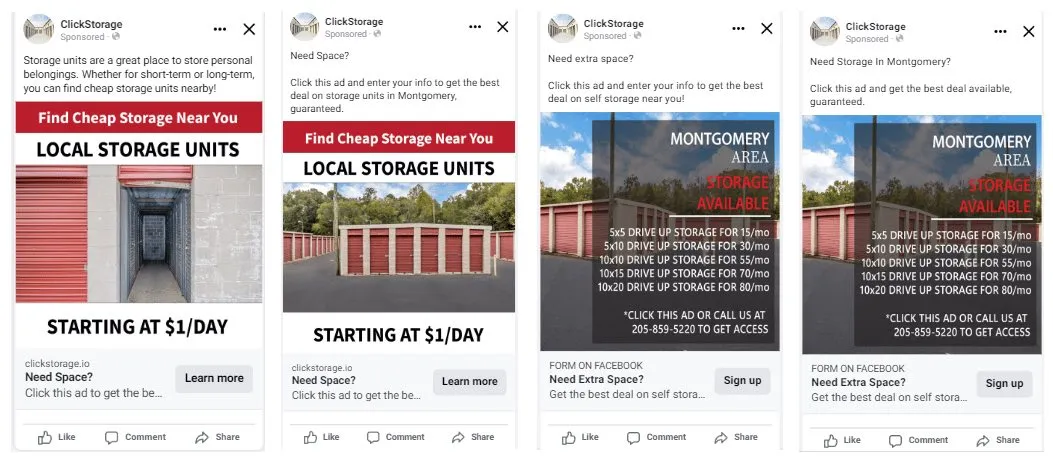 Four variations of a Facebook advertisement for local storage units priced from a dollar a day