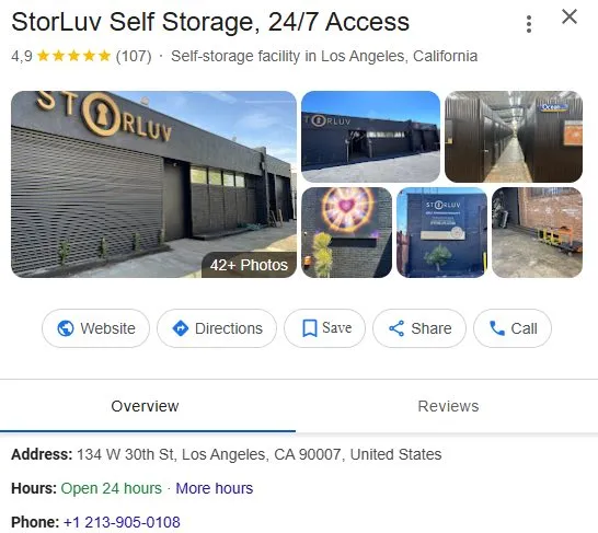 A storage facility's Google Business Profile showing photos, rating, address and opening hours