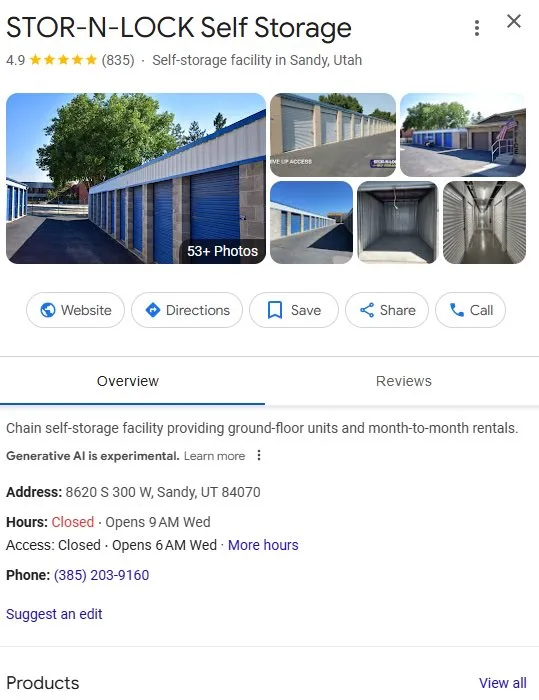 A storage facility's Google Business Profile showing a photo grid, opening hours and contact details