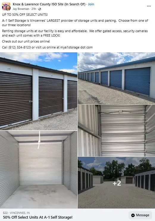A Facebook post from a storage operator advertising a discount on selected units