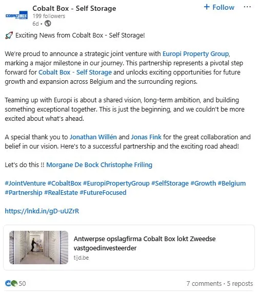 A LinkedIn post from a storage operator announcing a joint venture with a property group