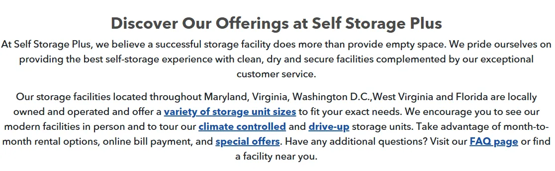 A storage website section describing the range of facilities, unit types and payment options on offer