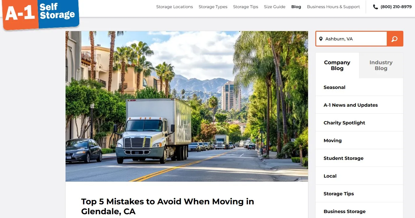 A storage operator's blog page listing articles by category alongside a featured moving guide