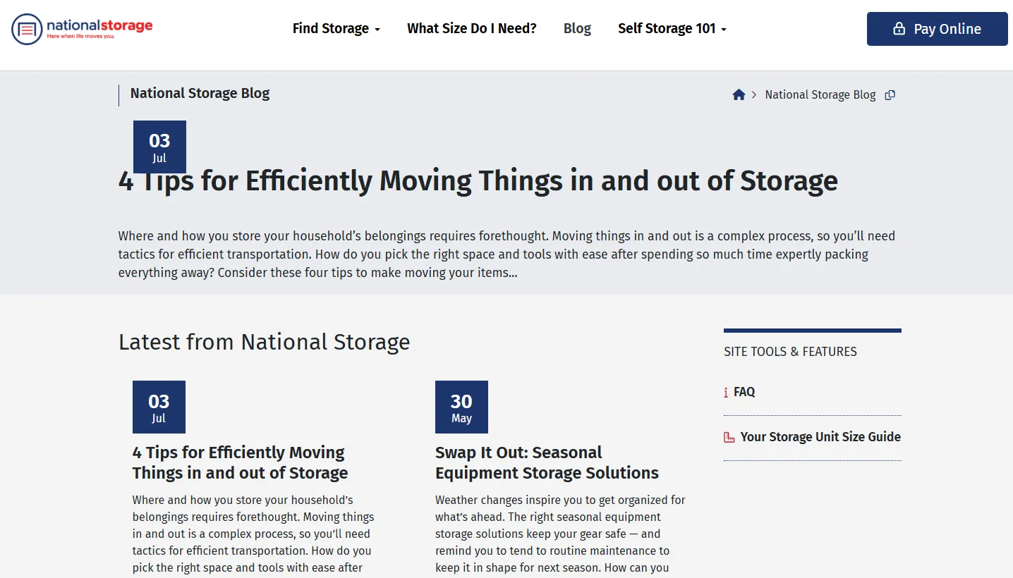 A storage operator's blog listing recent articles on moving and seasonal storage