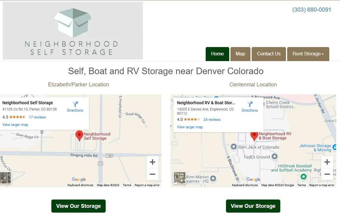 A storage website showing two branch locations, each with its own map and directions