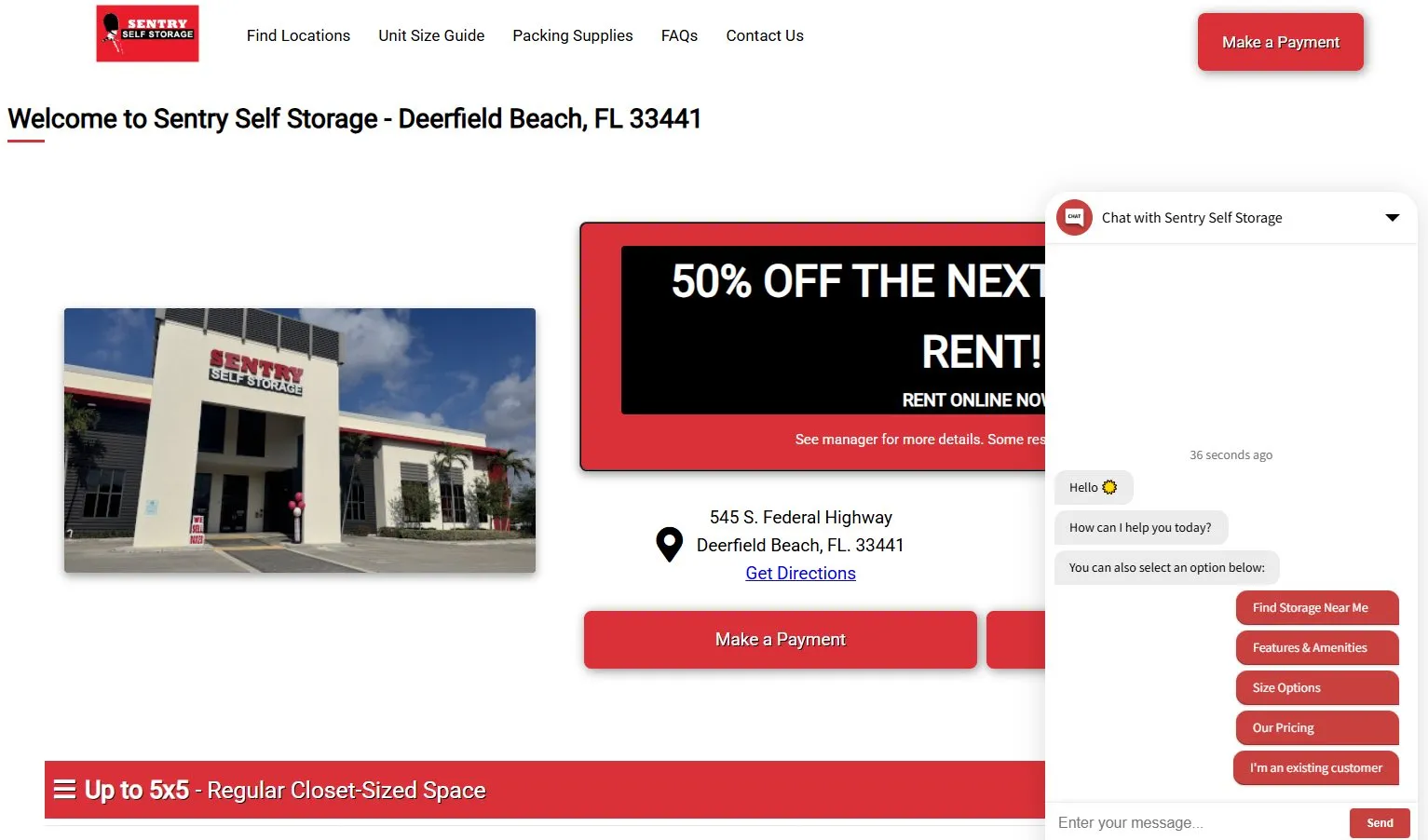 A self storage website homepage with a live chat widget open in the corner