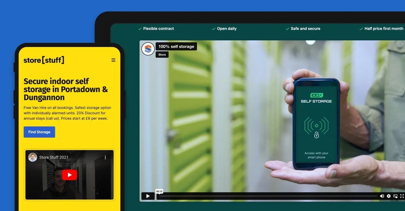 A self storage website homepage promoting secure indoor storage, with a video and key features listed across the top