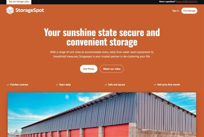 The StorageSpot website homepage with booking calls to action