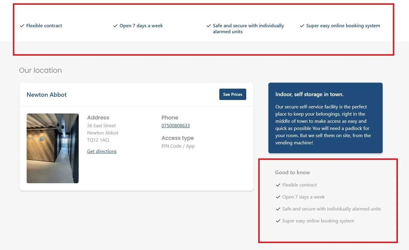 TenTen Storage's page using short checklists to keep key details scannable