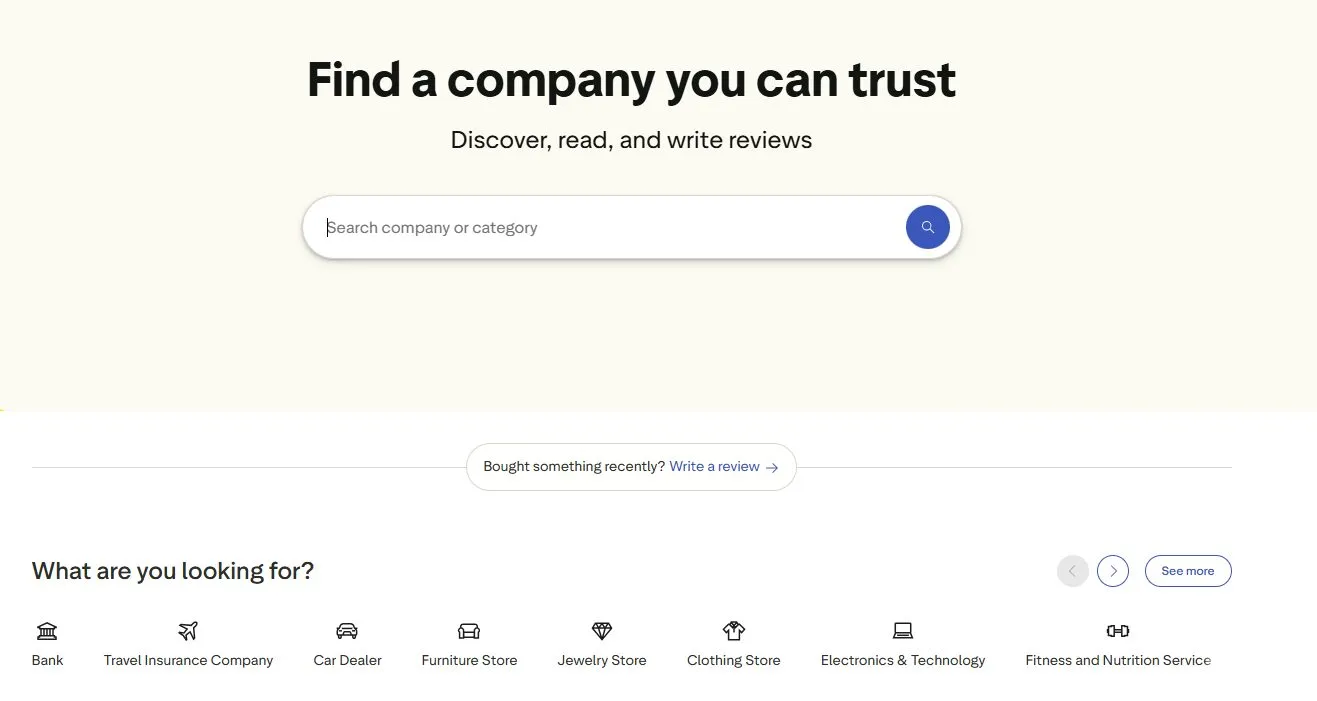 Trustpilot's homepage for discovering and writing reviews