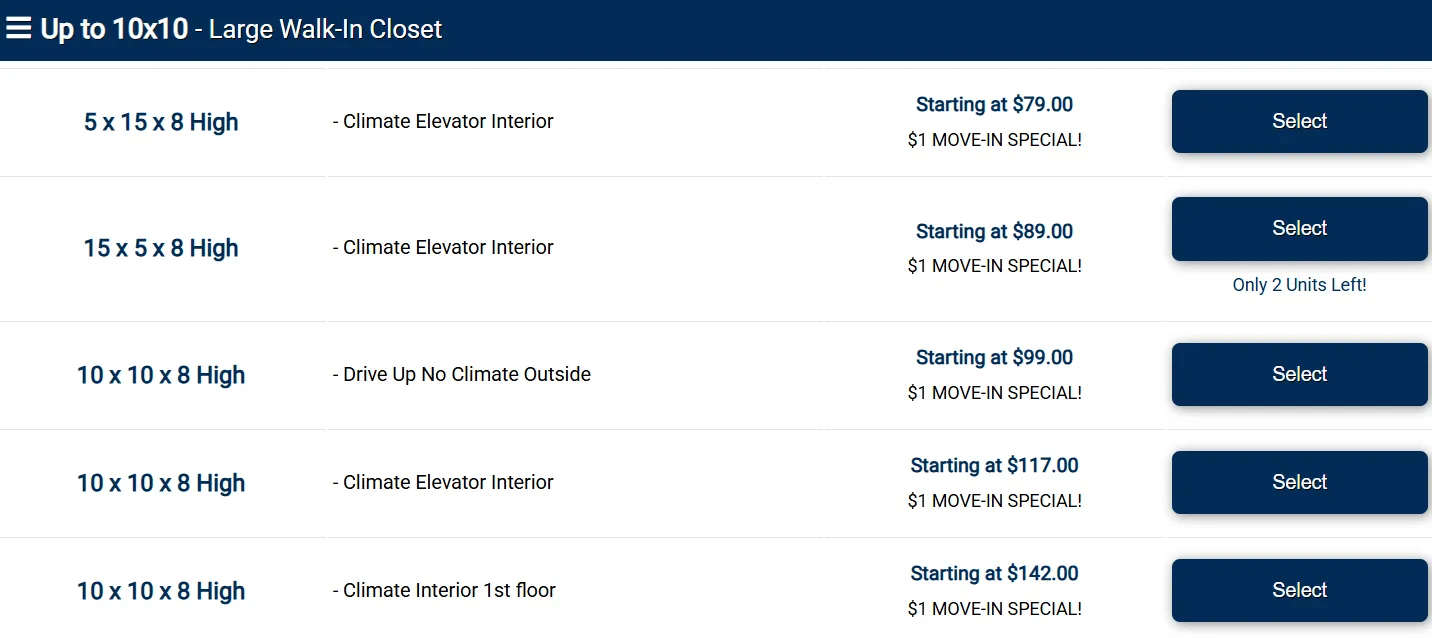 A table comparing storage unit sizes, features and starting monthly prices