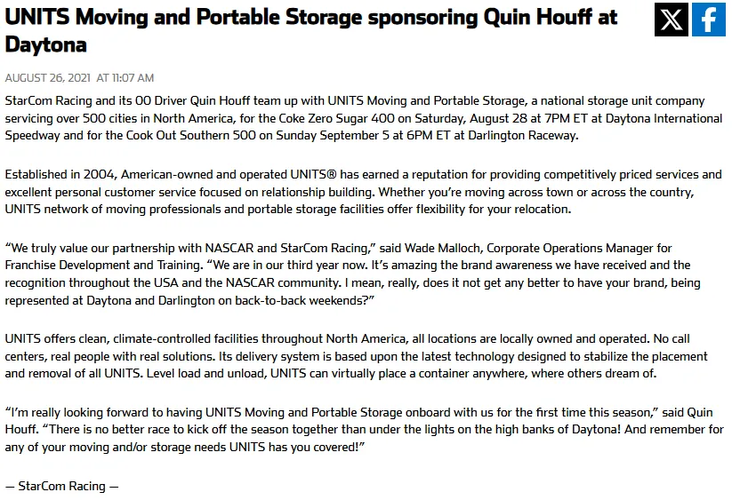 News article on UNITS Moving and Portable Storage sponsoring a NASCAR race at Daytona
