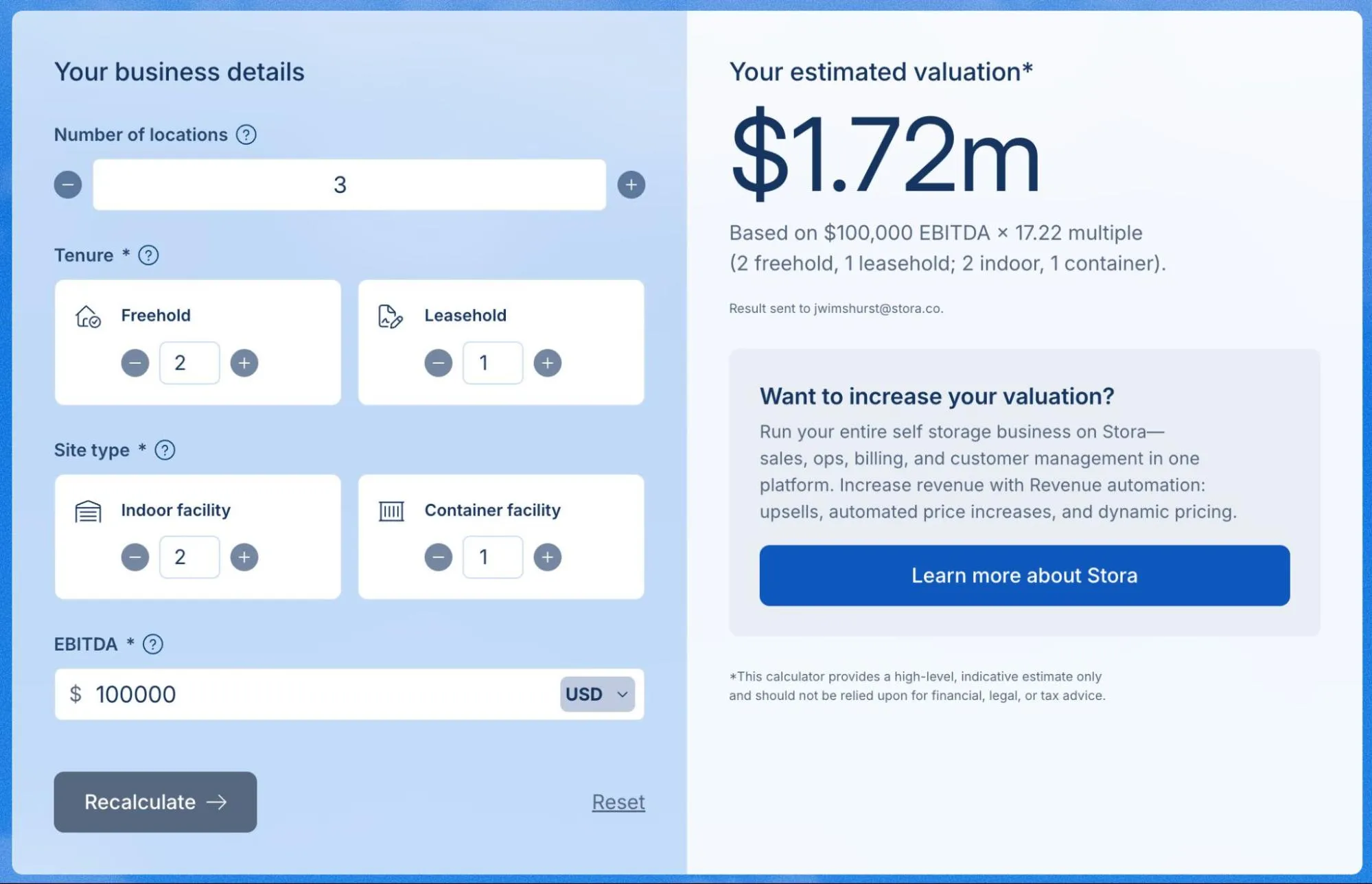 The Stora self storage valuation calculator, showing an estimated valuation based on EBITDA and site details