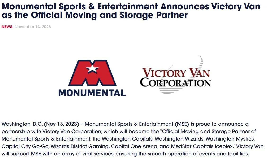 News article announcing Victory Van Corporation as official moving and storage partner of Monumental Sports