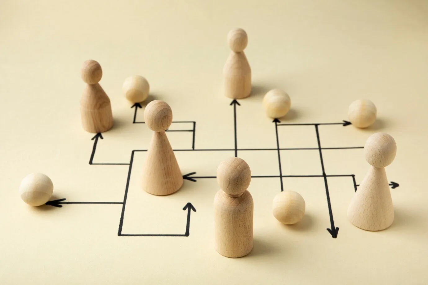 Wooden figures linked by drawn arrows showing routes between them