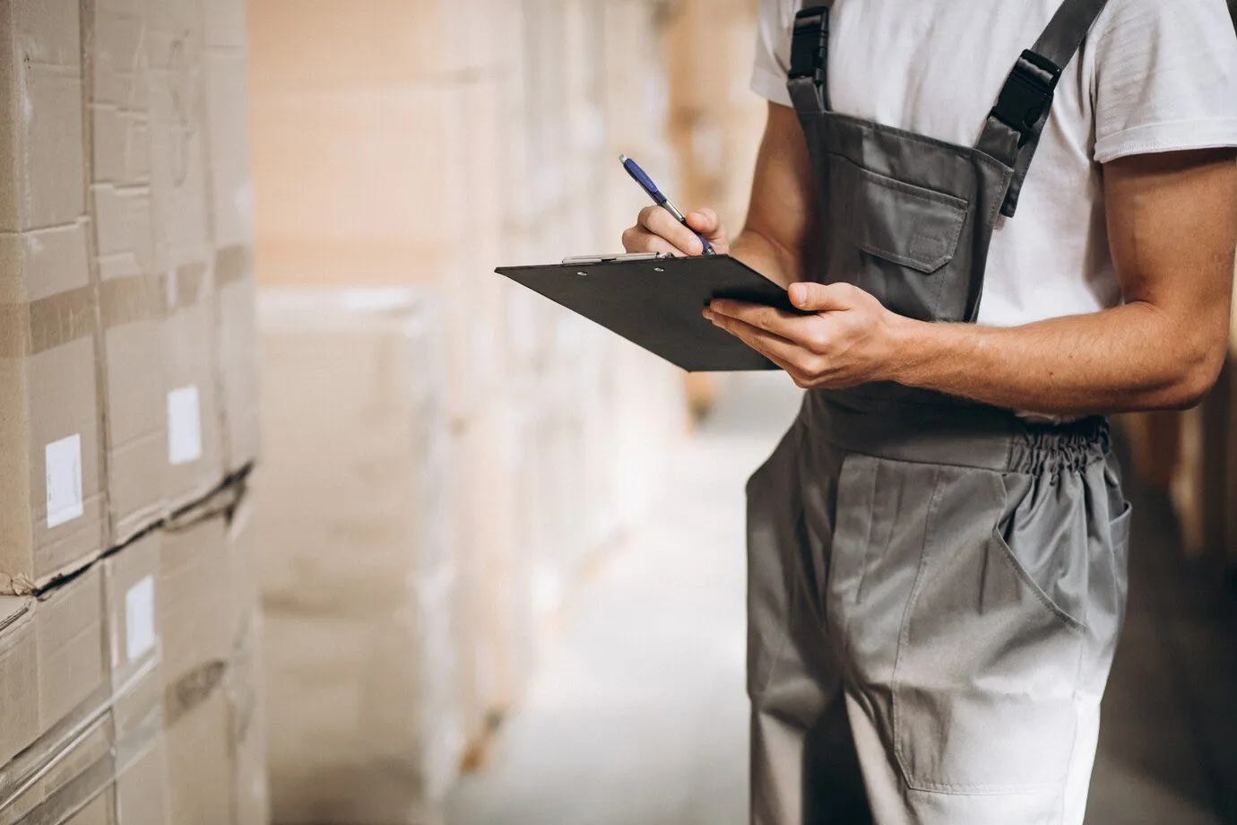 A worker in overalls checking stacked boxes against a clipboard