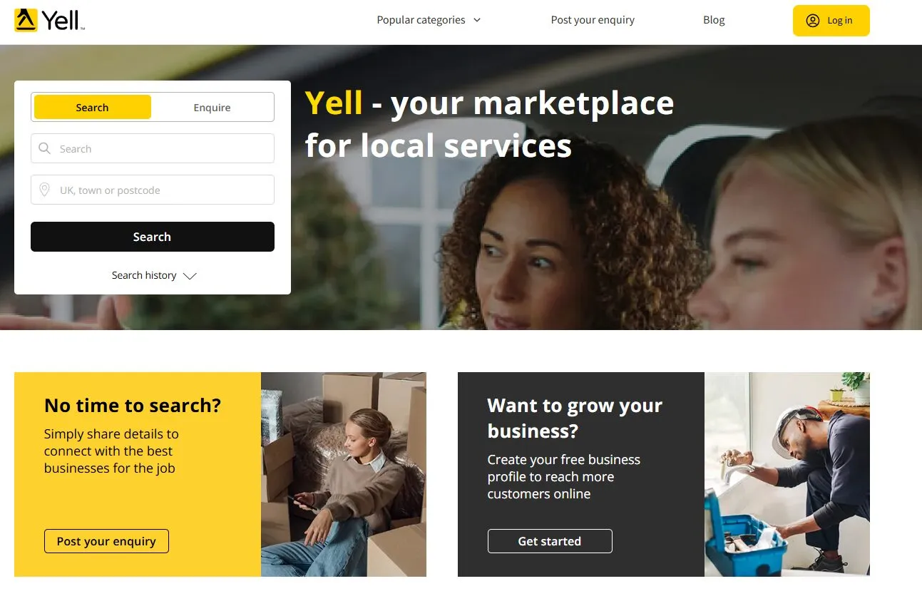 Yell's homepage, a UK directory of local services