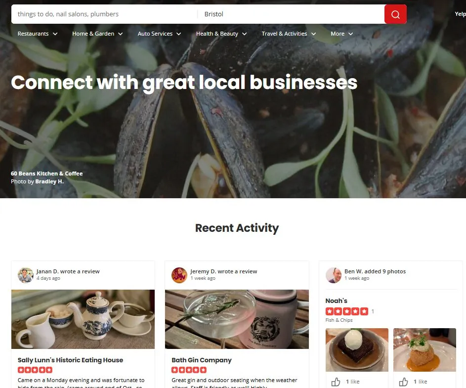 Yelp's homepage for finding local businesses